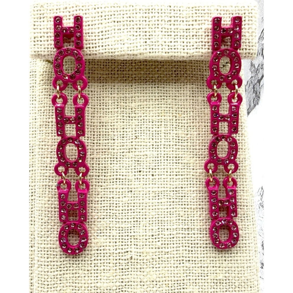 Carole Inc‎ Pink Rhinestone HO HO HO Christmas Dangle Earrings NOC